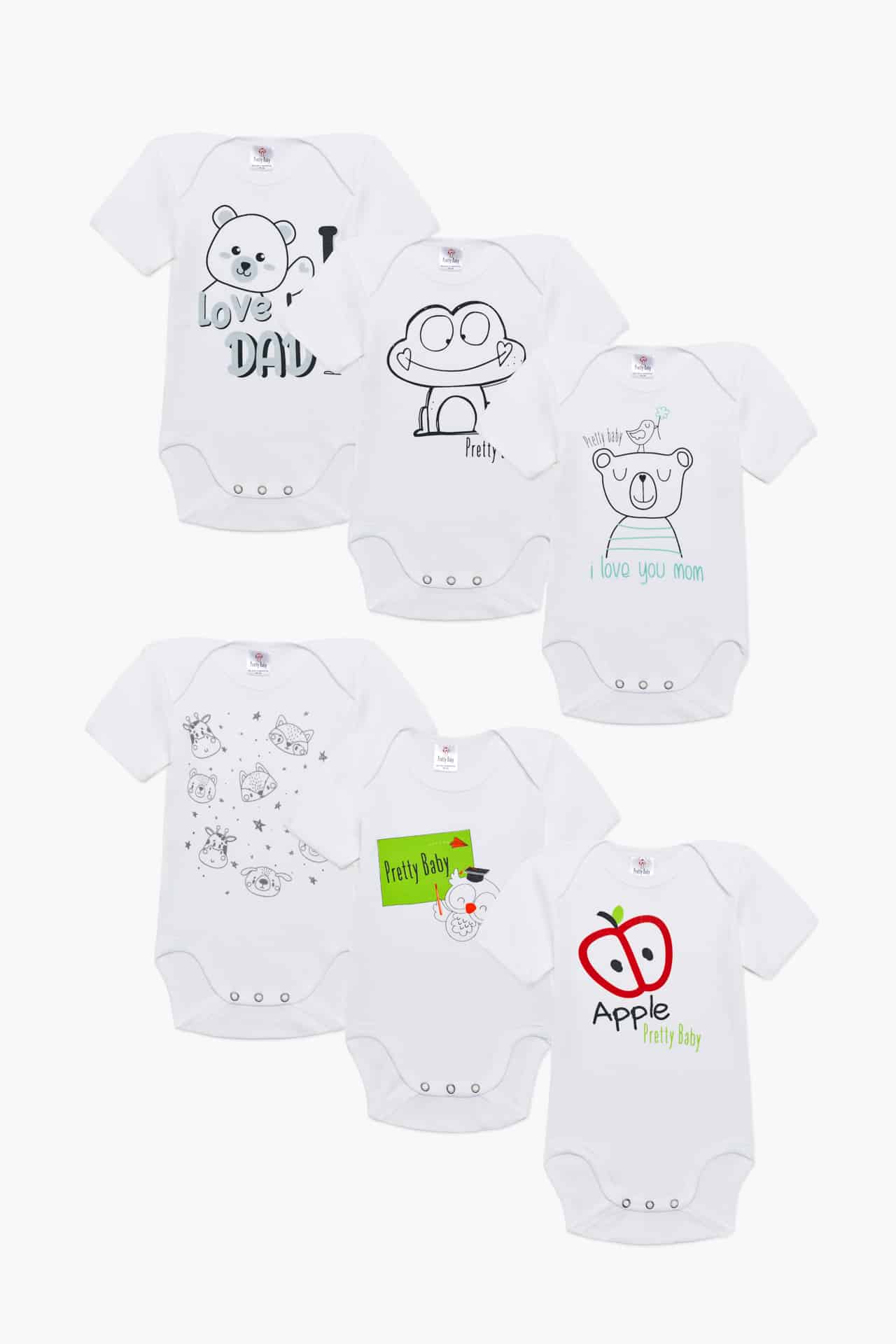 Βρεφικά Κορμάκια Με Κοντό Μανίκι 100% Βαμβακερά 6 Τεμάχια Pretty Baby