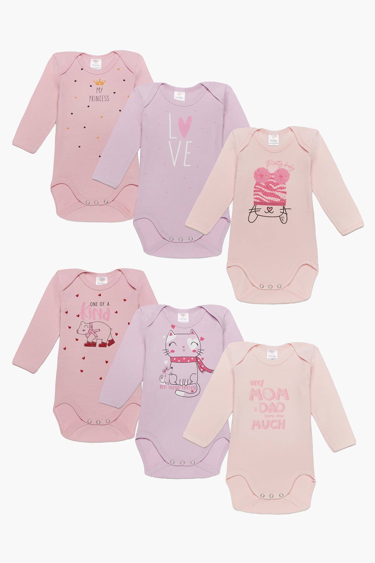 Βρεφικά Κορμάκια Μακρύ Μανίκι 100% Βαμβακερά 6 Τεμάχια Pretty Baby