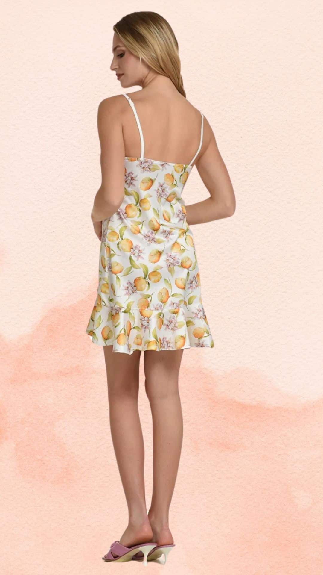 Σατέν νυχτικό Miss Rosy με print λεμόνια και ρυθμιζόμενες τιράντες