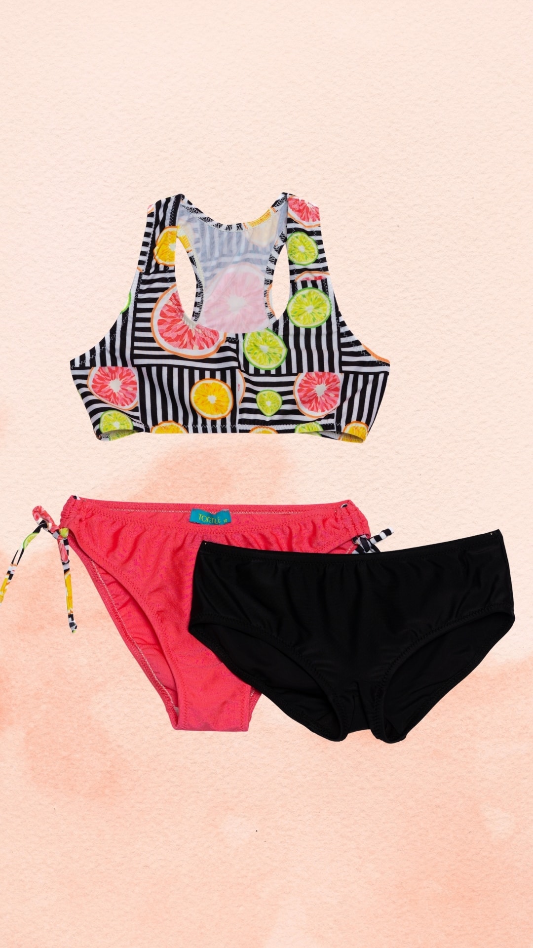 Μπικίνι κορίτσι Fruits Tortue – παιδικό μαγιό με print φρούτα, 2 σλιπ και μπουστάκι