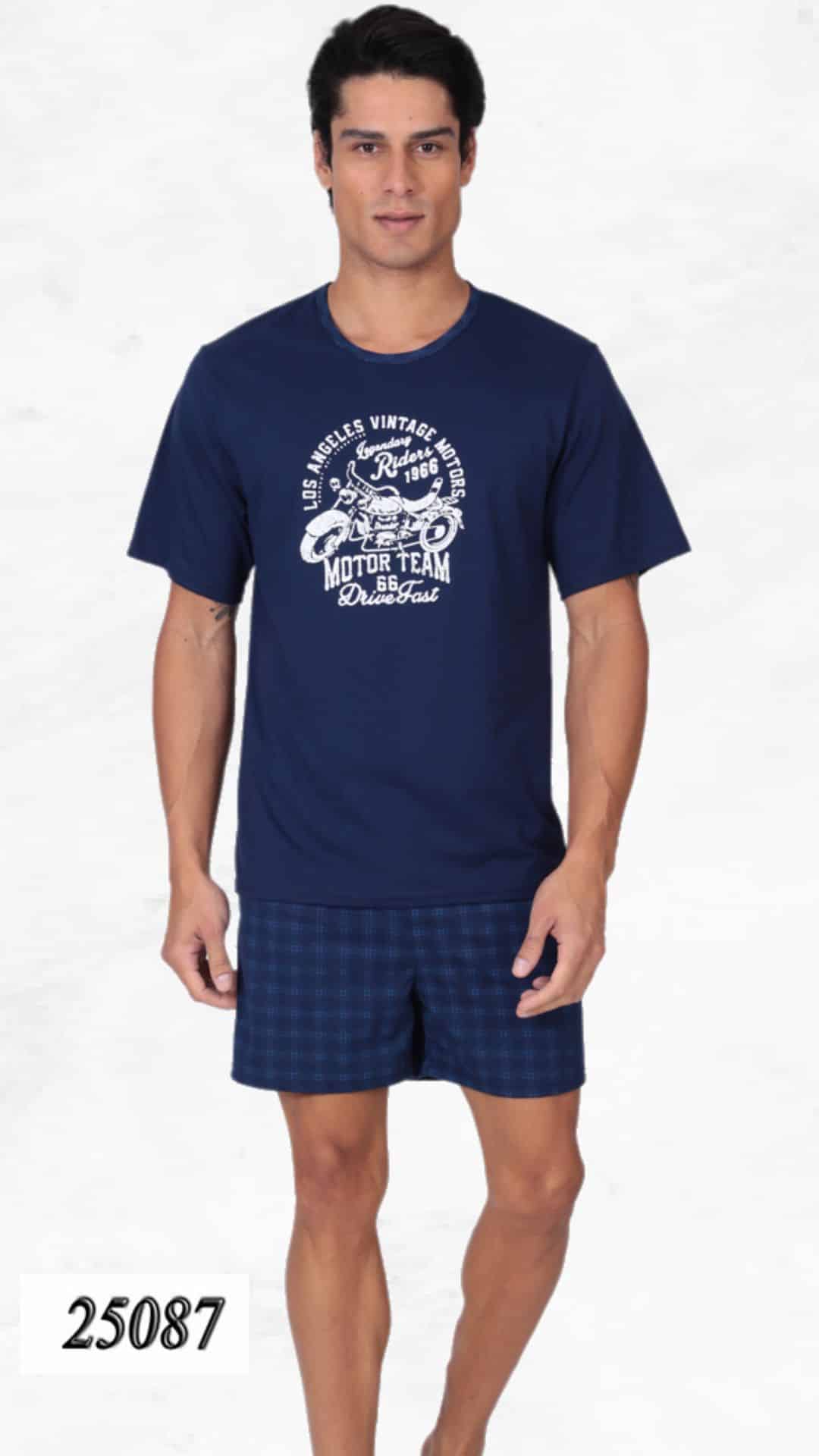 Αντρική πυζάμα Mario Uomo Drive Fast με κοντομάνικη μπλούζα και καρό σορτσάκι σε μπλε αποχρώσεις
