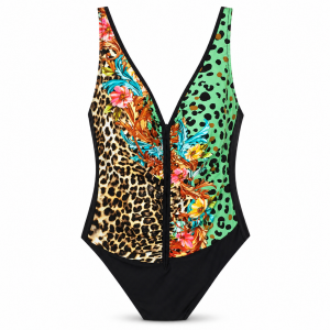 Ολόσωμο μαγιό LUCERO με animal print, tropical σχέδιο, σούρα στο μπούστο και διακοσμητικό κόσμημα
