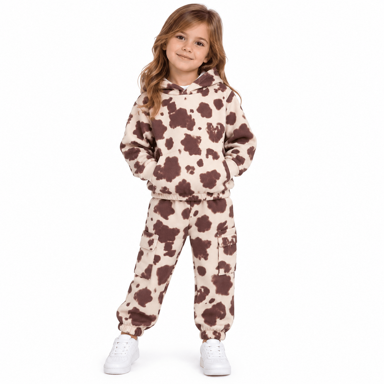 Παιδικό σετ φόρμας Serafino cow print με κουκούλα για κορίτσι 1-5 ετών