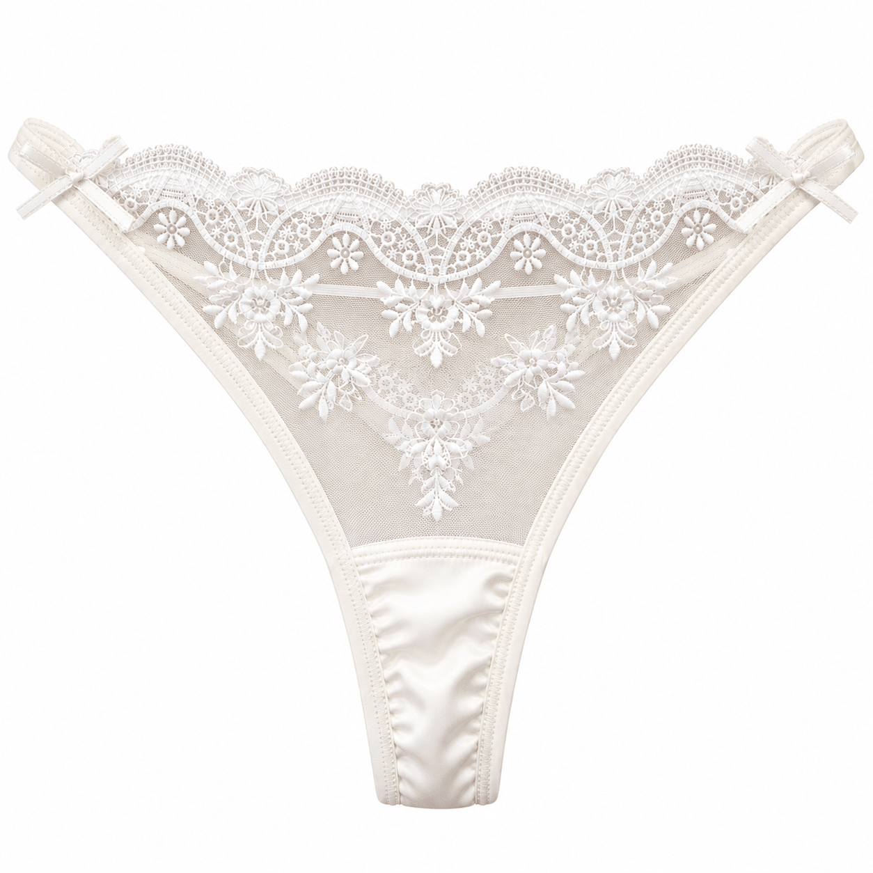 Γυναικείο String Εκρού με floral δαντέλα, σατέν λεπτομέρειες και φιόγκους