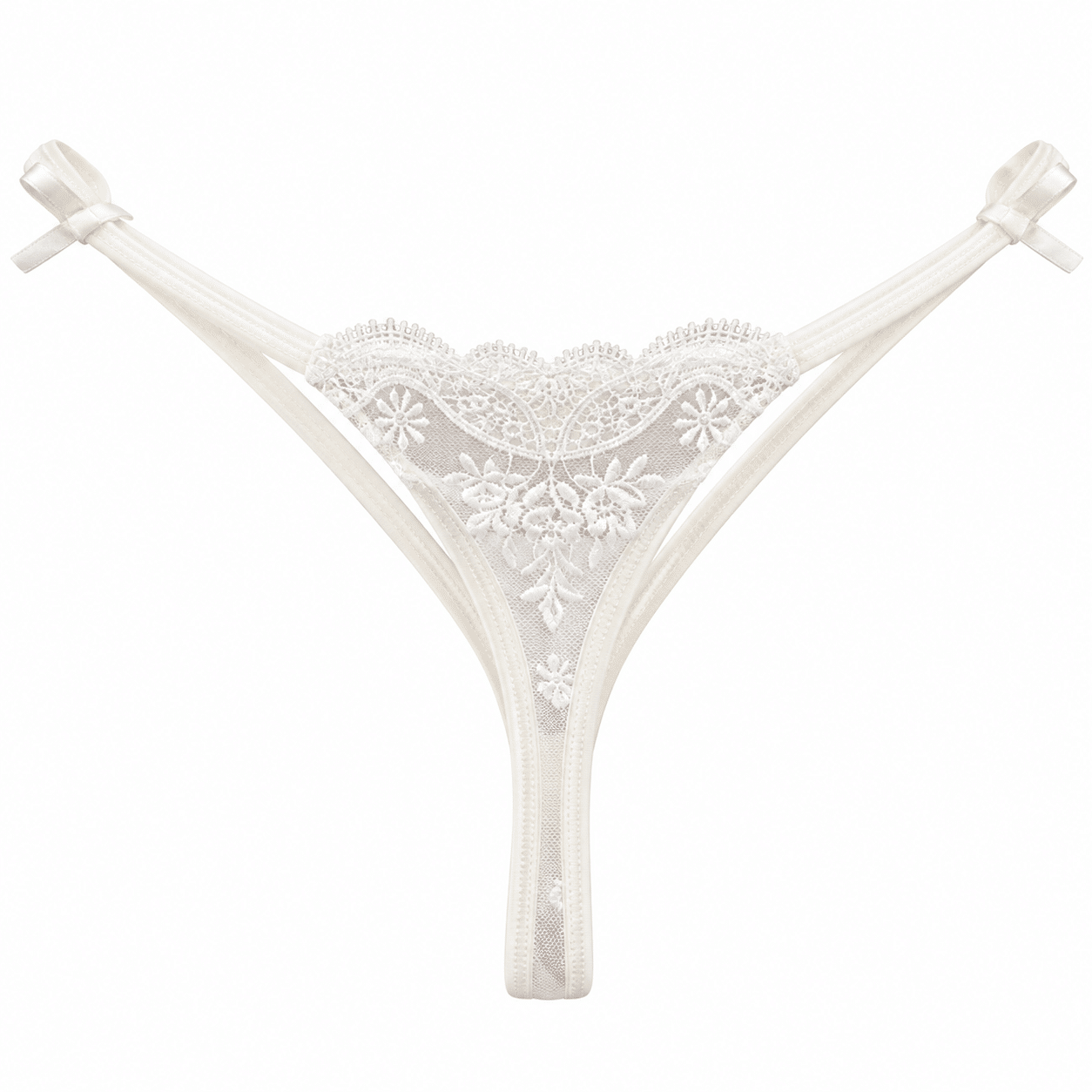 Γυναικείο String Εκρού με floral δαντέλα, σατέν λεπτομέρειες και φιόγκους